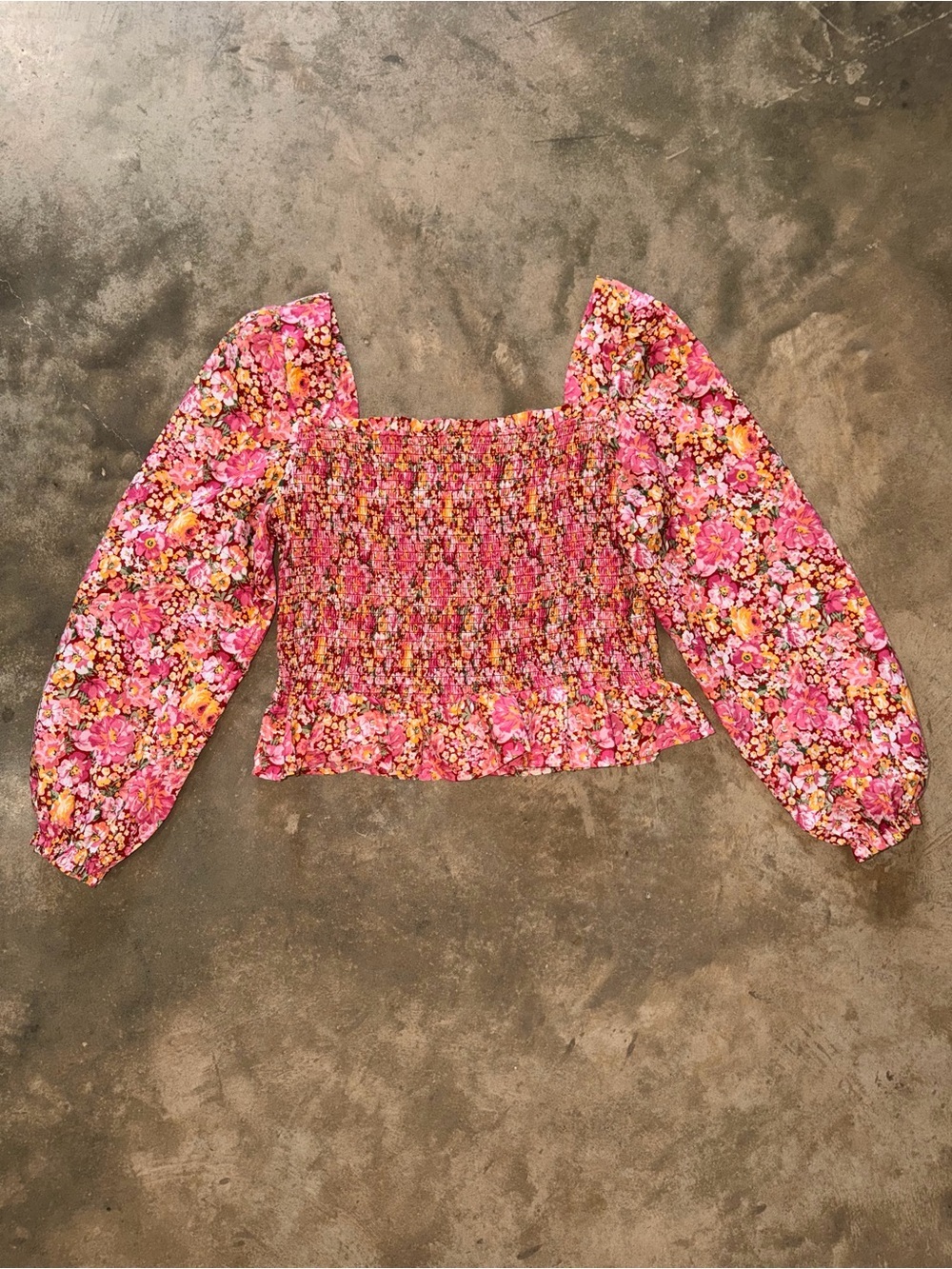 Crystal Doll Floral Smocked Puff Sleeve Square Neck Crop Top XL NWOT